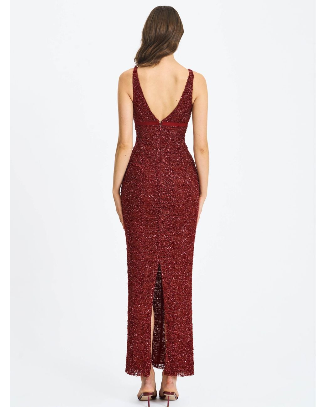 Miss Circle New York Red Elora Crimson Sequin Beaded Keyhole Maxi Dress