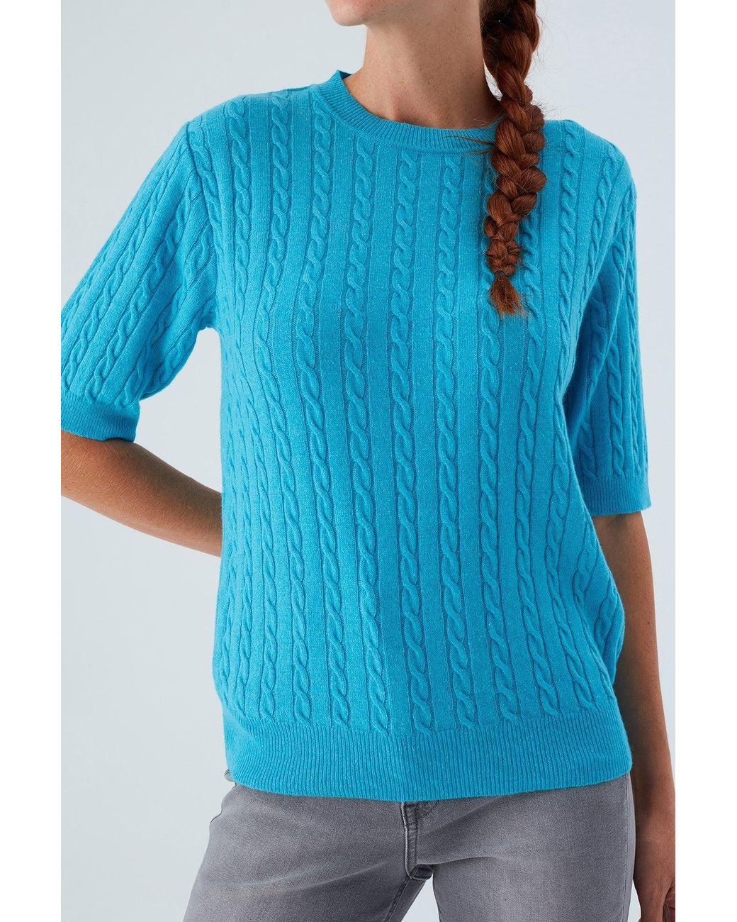 Peraluna Blue Nicole Cable Knit Cashmere Blend Short Sleeve Blouse