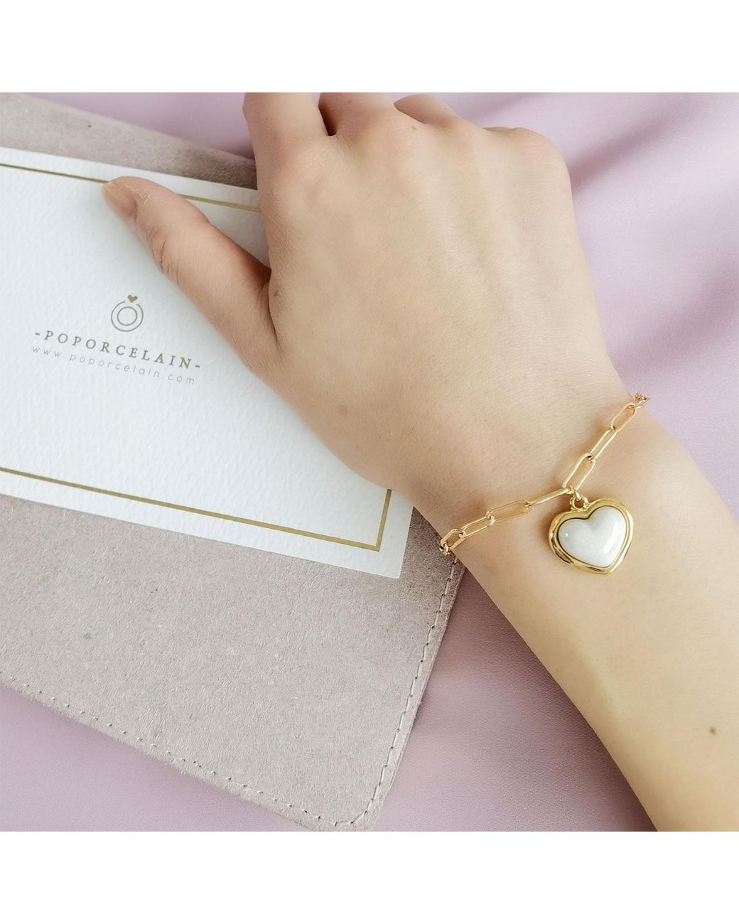 POPORCELAIN Metallic Porcelain Pearly Heart Charm Bracelet