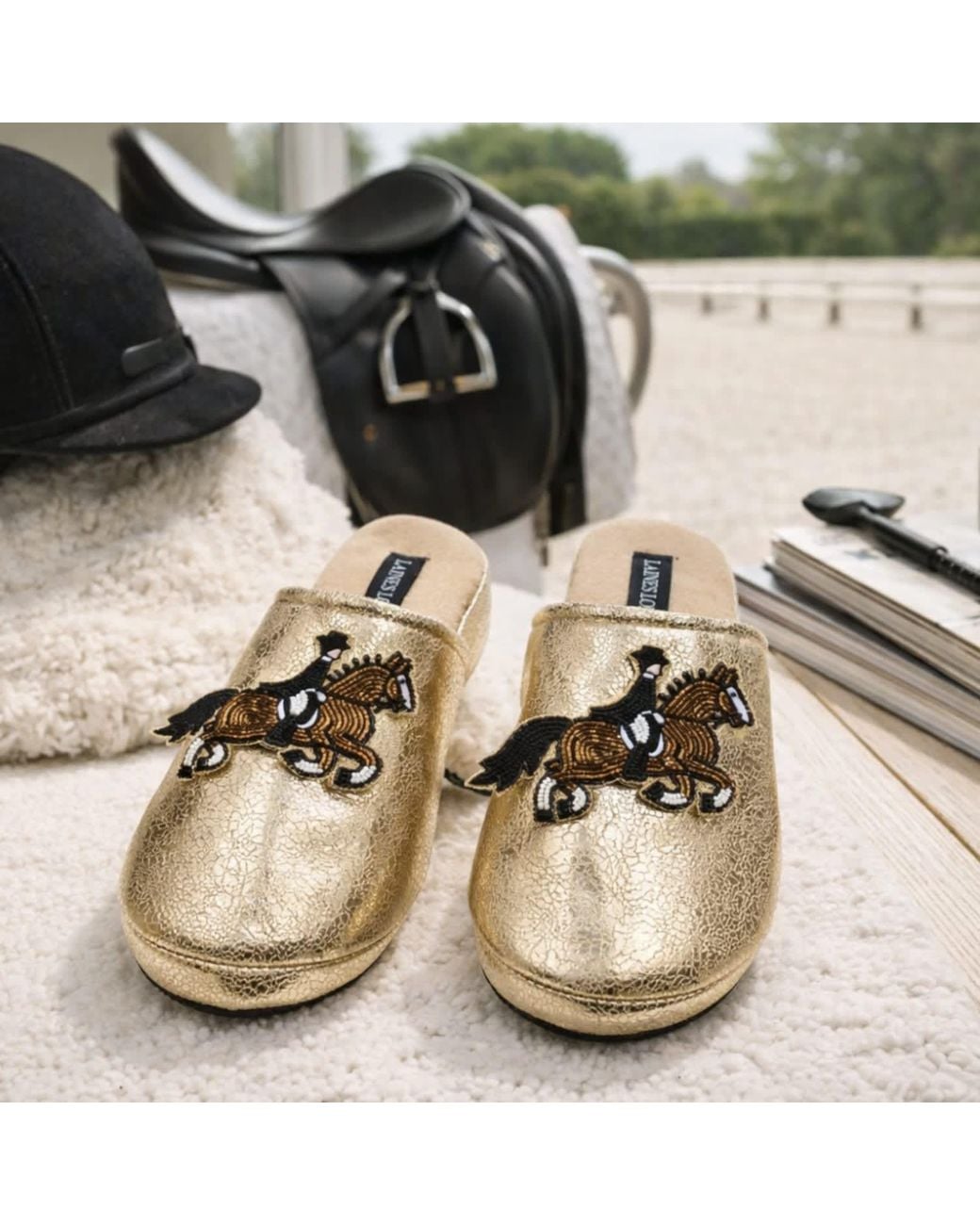 Laines London Metallic Softie Slippers With Dressage Horse Brooches