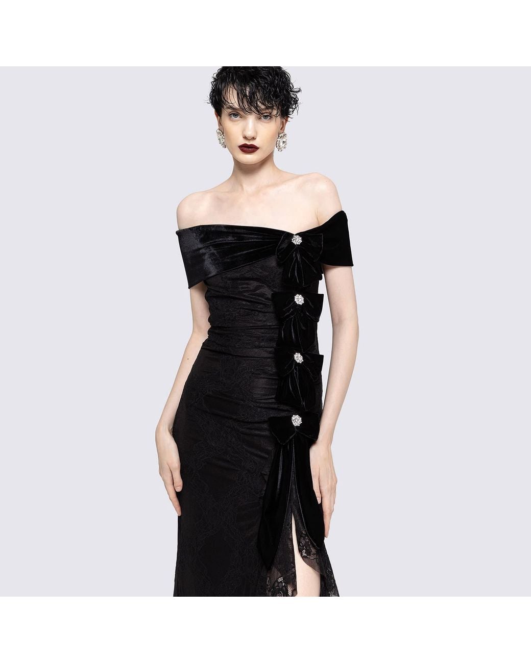 Nissa Black Bow-Detail Lace Maxi Dress