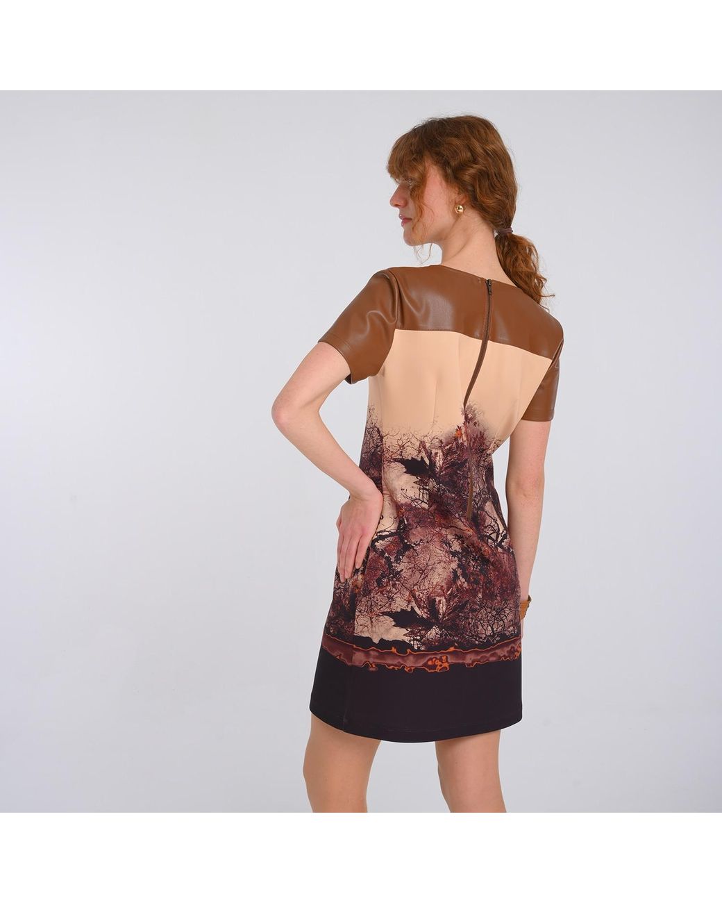 Lalipop Design Red Neutrals All-Over Graphic Print Short Sleeve Dress Panelled With Vegan Leather
