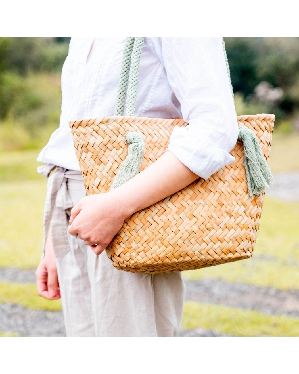 LIKHÂ Green Sage Large Classic Tote Bag With Braided Handles