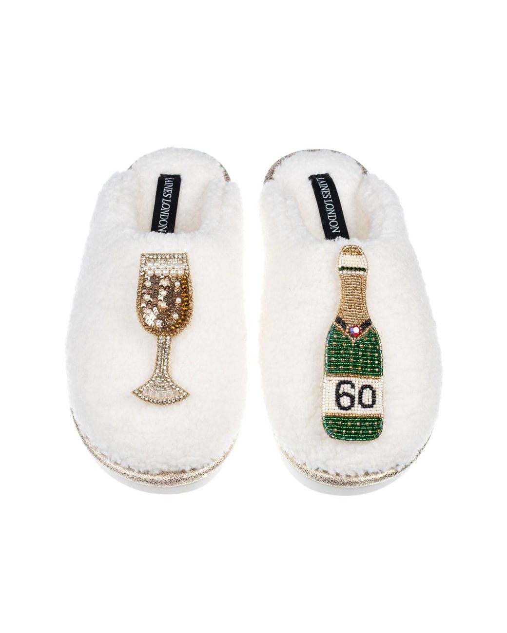 Laines London White Neutrals Teddy Closed Toe Slippers With 60Th Champers Bottle & Glass Brooches