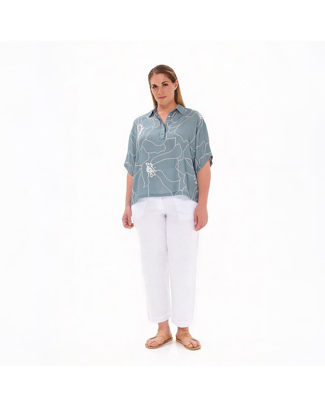Haris Cotton Blue Printed Satin Batwing Long Sleeve Blouse Peonies