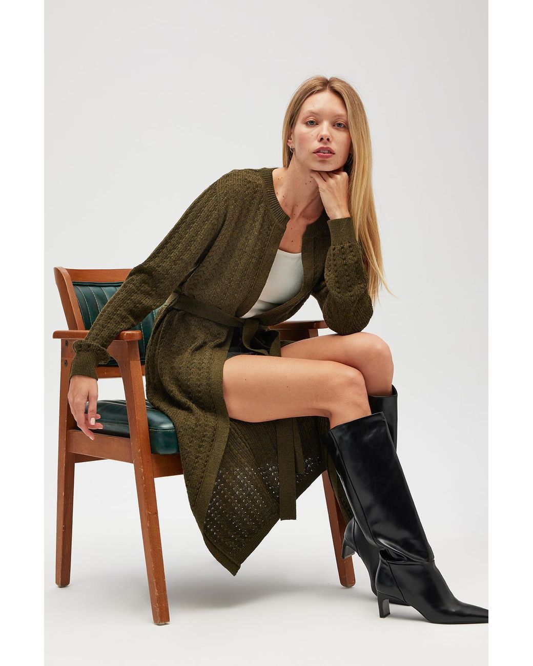 Peraluna Green Zeyna Openwork Long Cardigan