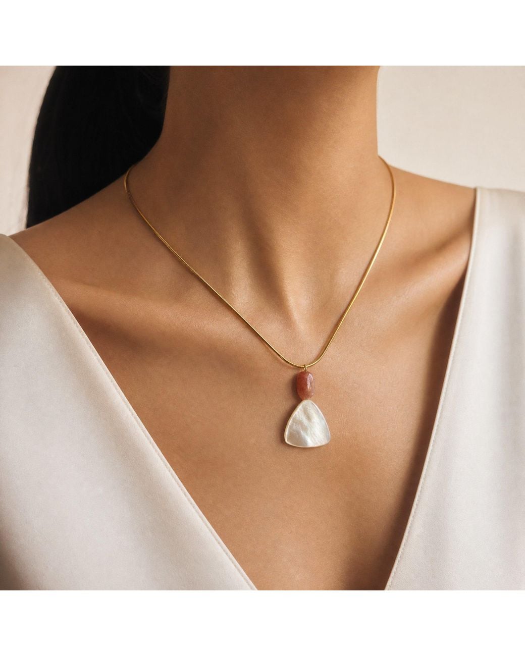 Saéa Metallic Mother Of Pearl And Sunstone Pendant Necklace On Snake Chain