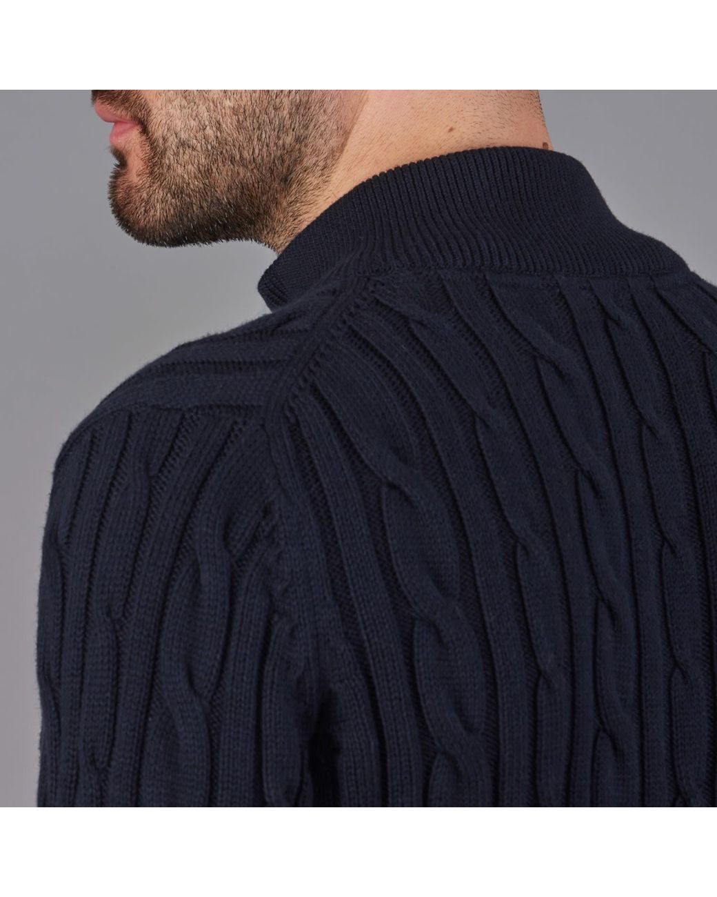 Paul James Knitwear Blue Midweight Romano Cotton Cable Zip Neck Jumper for men