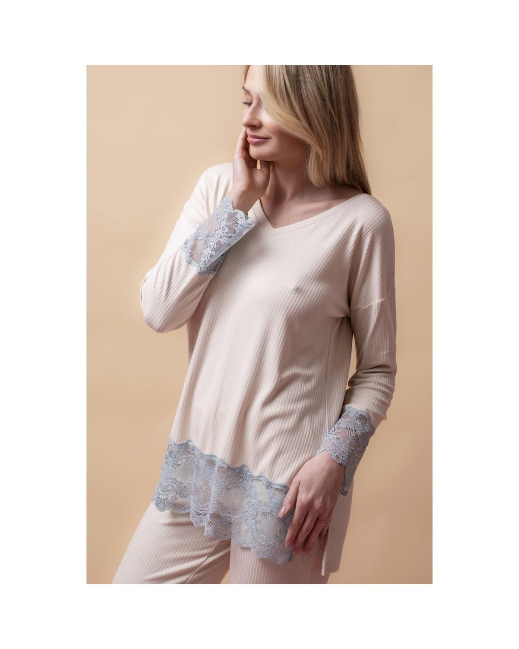 Oh!Zuza Pink Neutrals Santal Lace Trim Long Pyjama Set – Vanilla