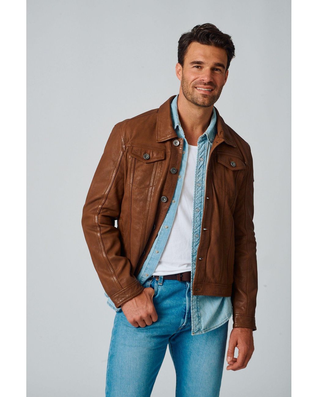 Mauritius Brown Leather Trucker Jacket Geoff for men