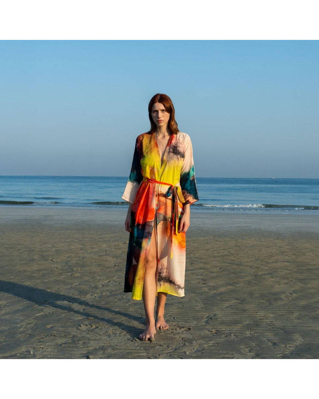 DHARA SHETH DUBAI Yellow Enigma Abstract Multicolour Printed Long Kimono