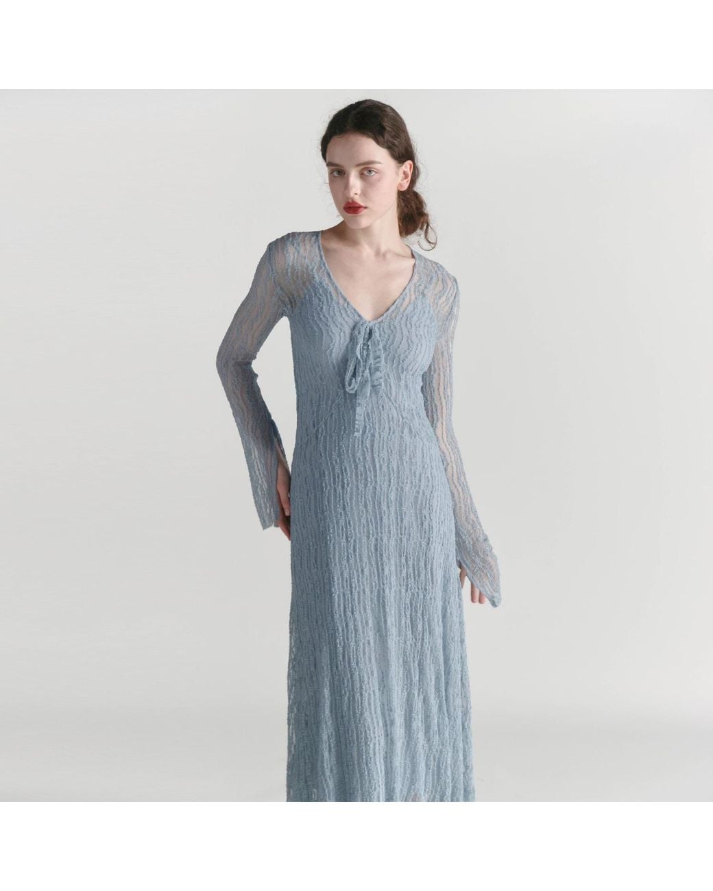 Belsize25 Blue Trumpet Dress Flared Sleeve Sheer Lace Knit Dress