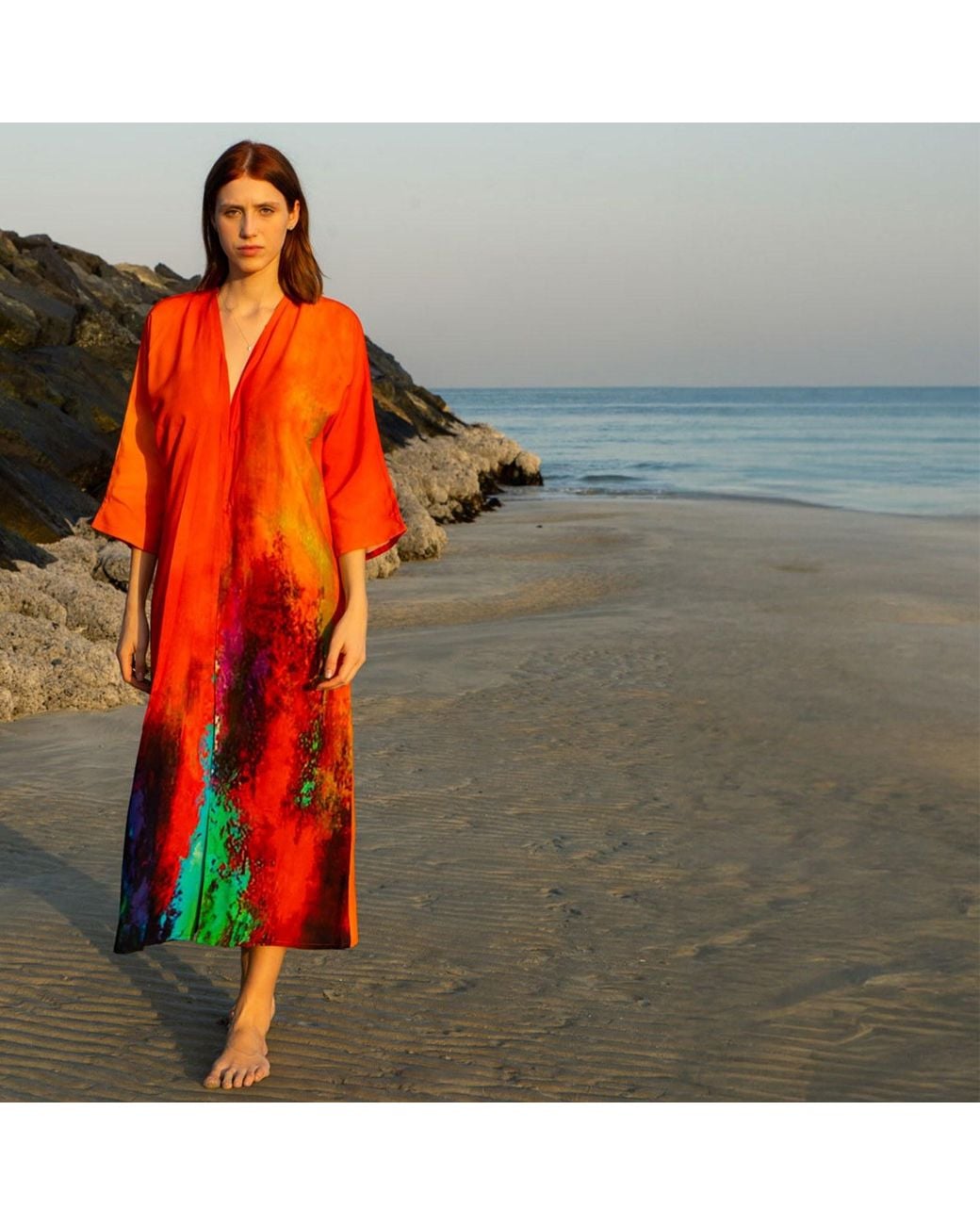 DHARA SHETH DUBAI Red Roar Tiger Animal Print Abstract Long Kimono