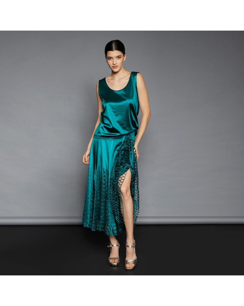 Silvia Serban Green Midi Laser Cut Paneled Skirt