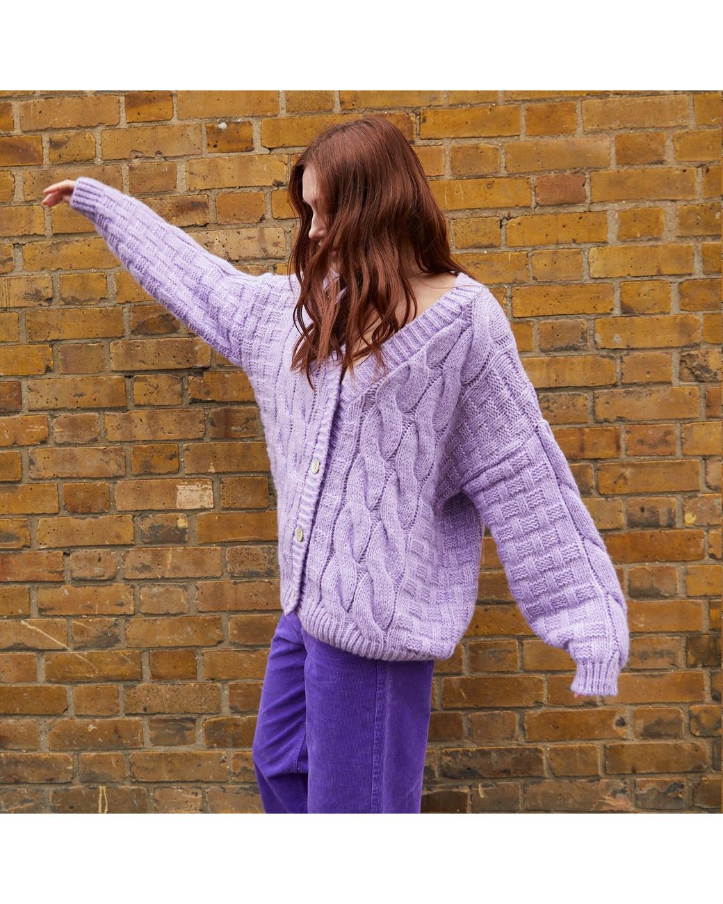 Cara & The Sky Purple Gemma Basket Stitch Balloon Sleeve Cardigan