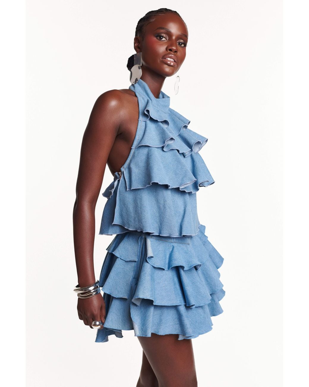Ofuure Blue Light Denim Fara Ruffle Top