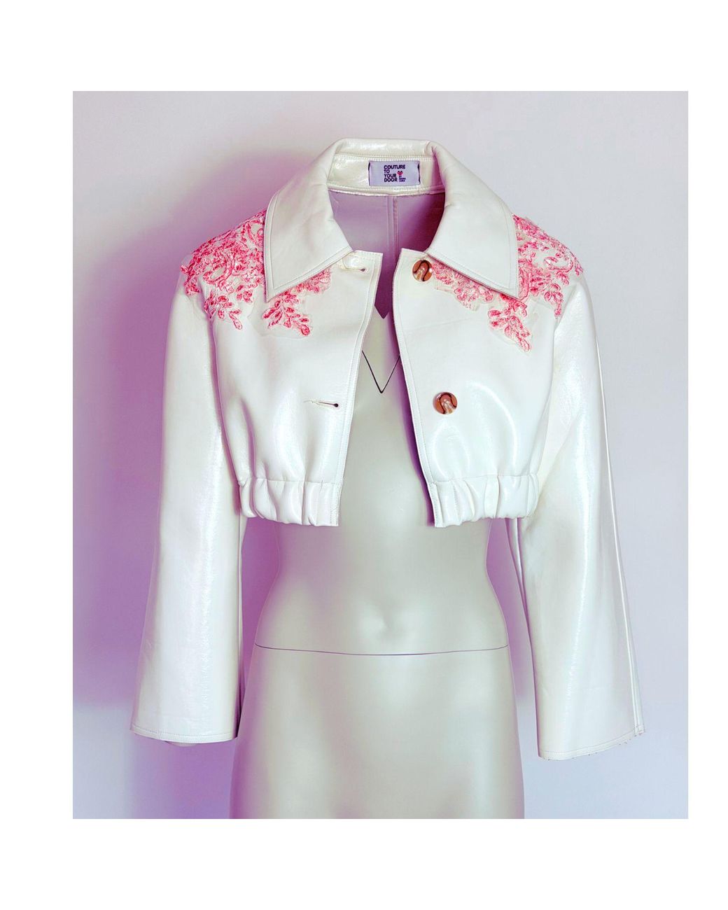 Couture to Your Door Green Neutrals Upcycled Vinyl Cream Cropped Jacket