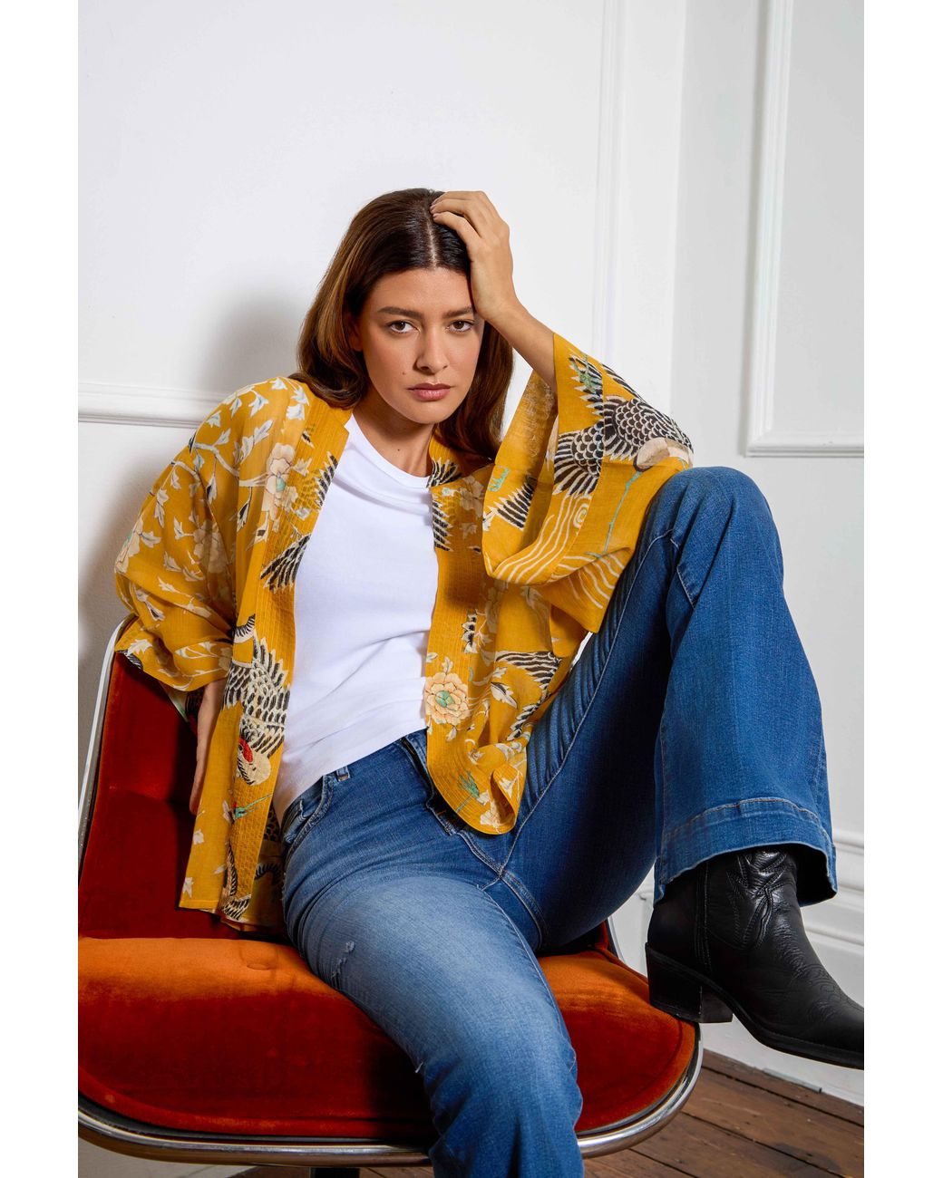 Artemis Muse Yellow Mustard Dynastic Bird Print Light Weight Kimono