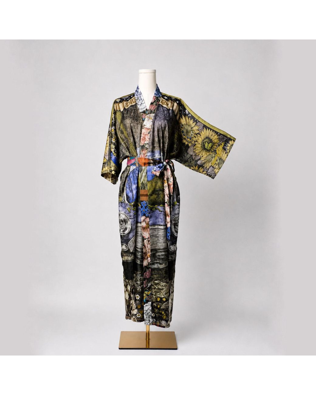 Wenzi Purple Return To Silence Double Sided Mulberry Silk Kimono Robe Reversible Luxury Floral Bear Bird Print Long Robe