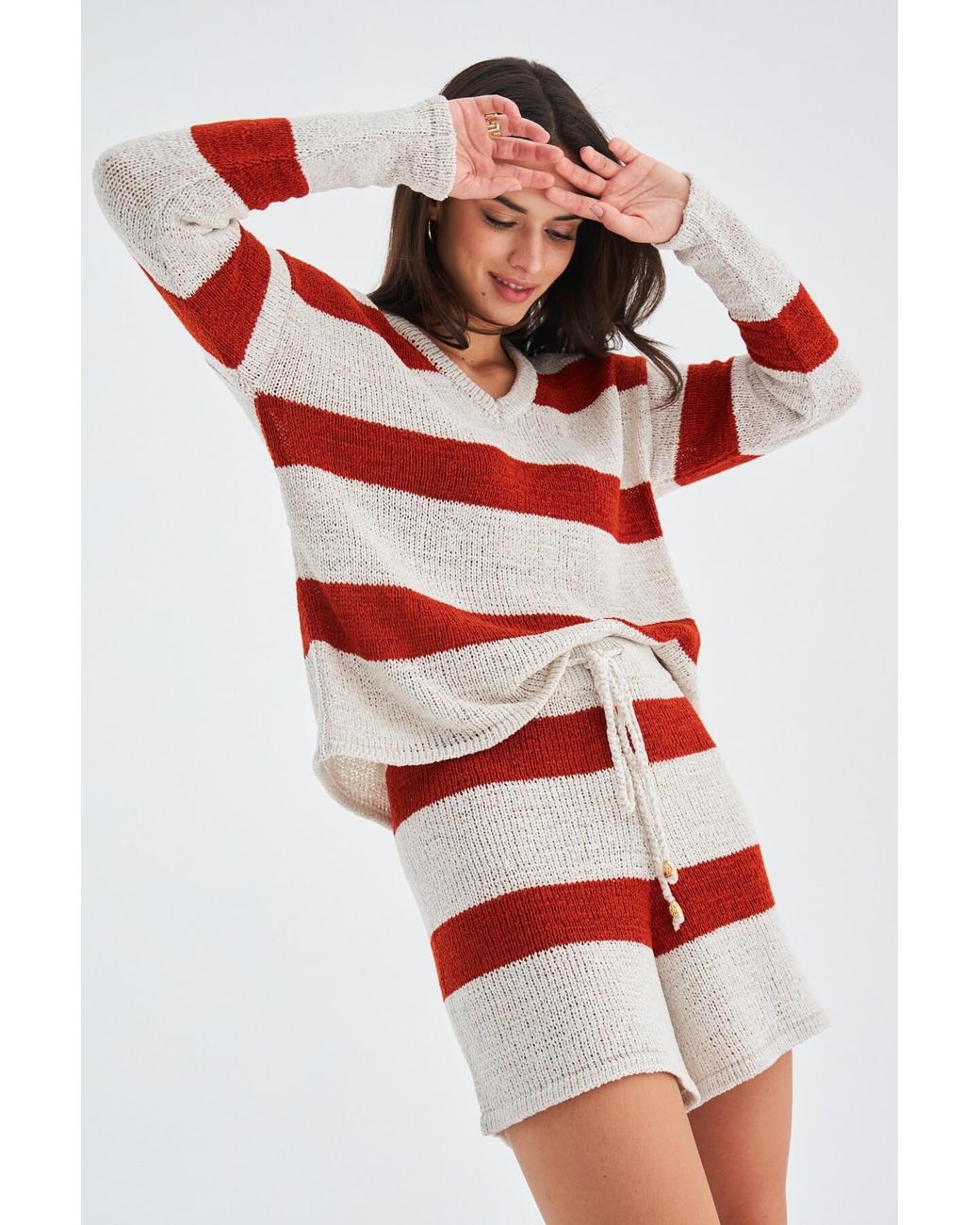 Peraluna Red Siena Knitted Striped Blouse & Shorts Matching Set