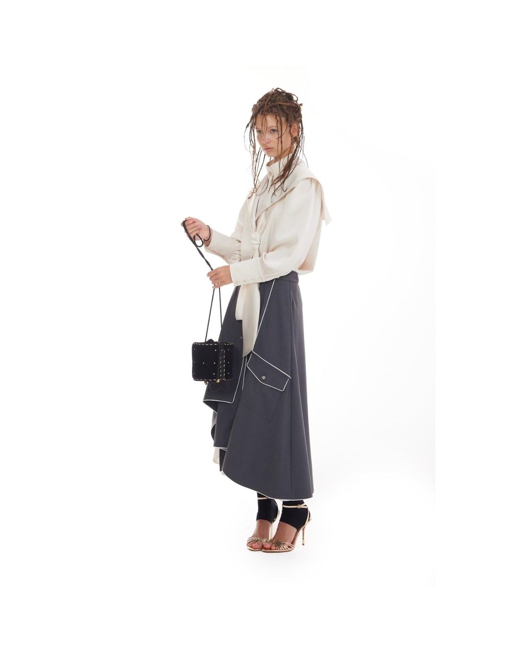 Julia Allert Blue Tailored Asymmetrical Midi Skirt – Dark