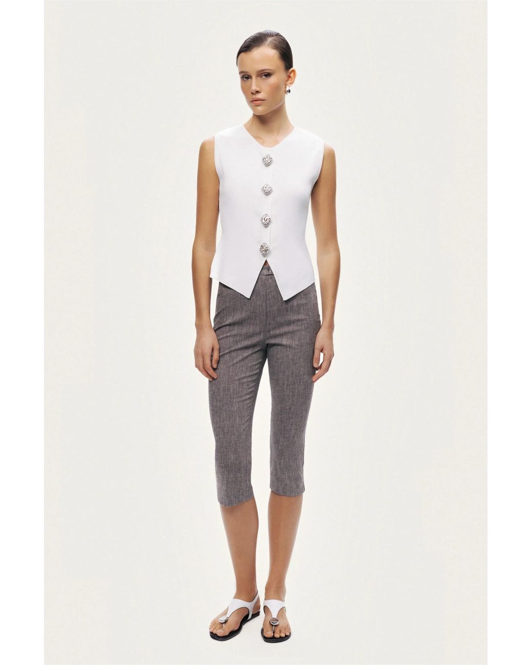 Nocturne Gray Ivory Embellished Sleeveless Knit Top