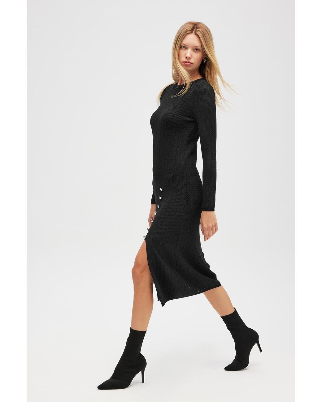 Peraluna Black Zaira Minimal Cable Knit Slit Midi Dress