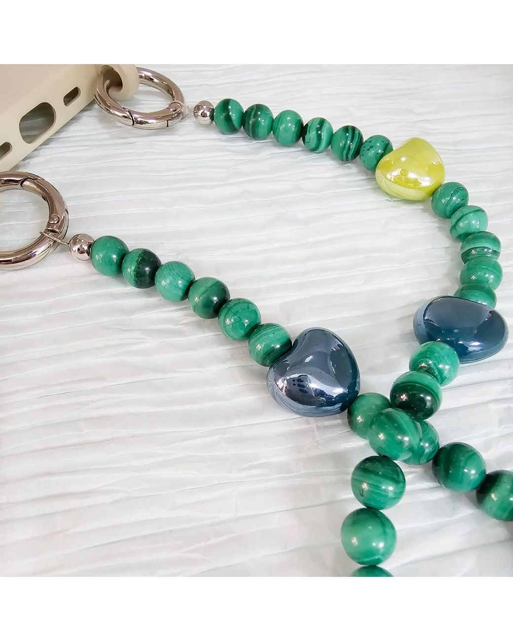 Farra Green Malachite With And Ceramic Hearts Phone Charm
