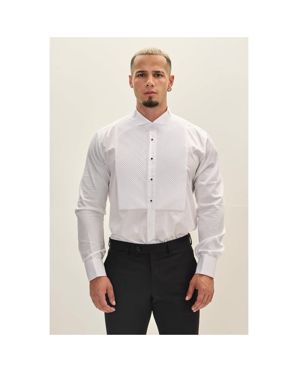 Ron Tomson Blue Diagonal Pleated Wing Tip Collar Shirt for men