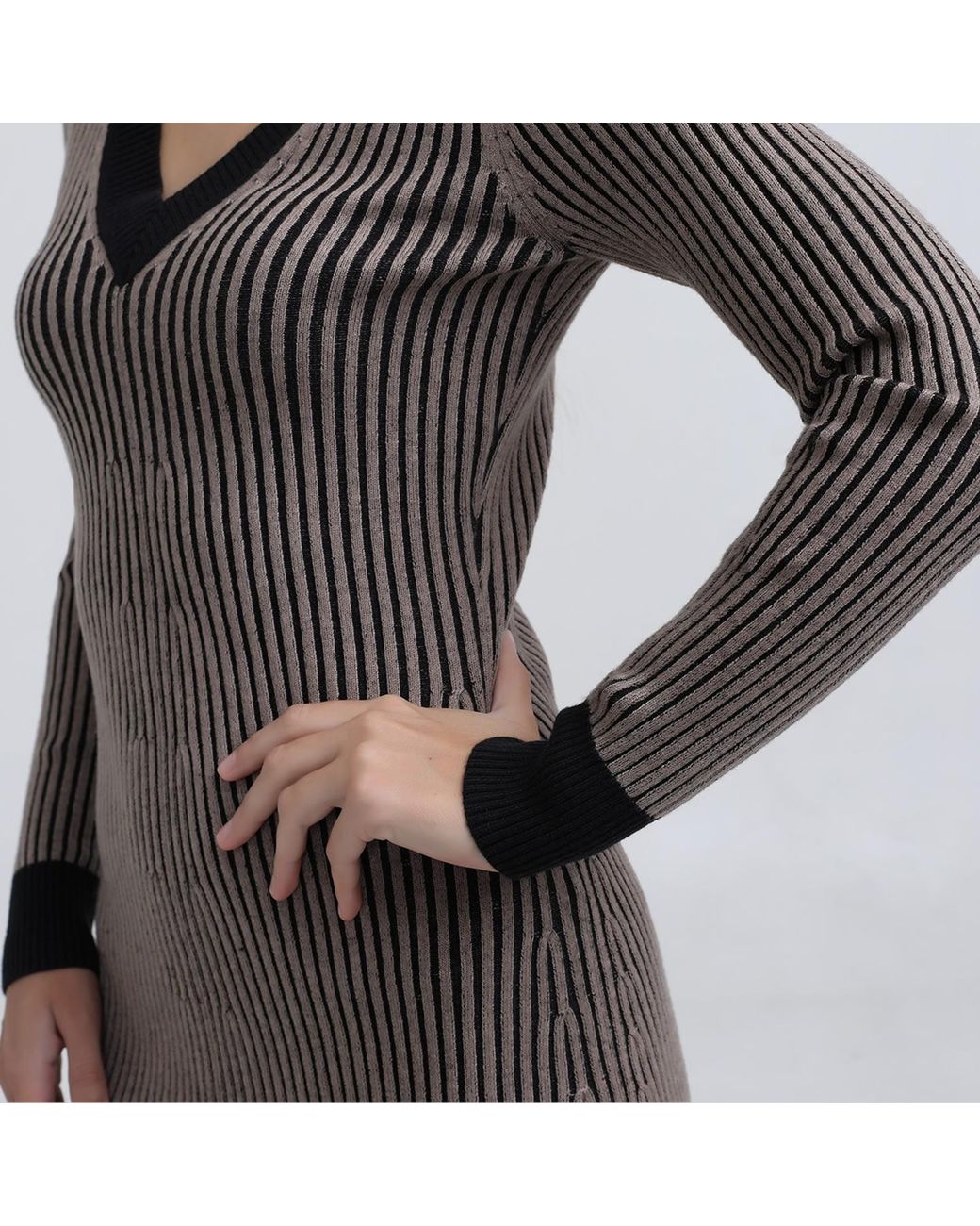 Smart and Joy Brown Bi Color V Neck Jumper Dress