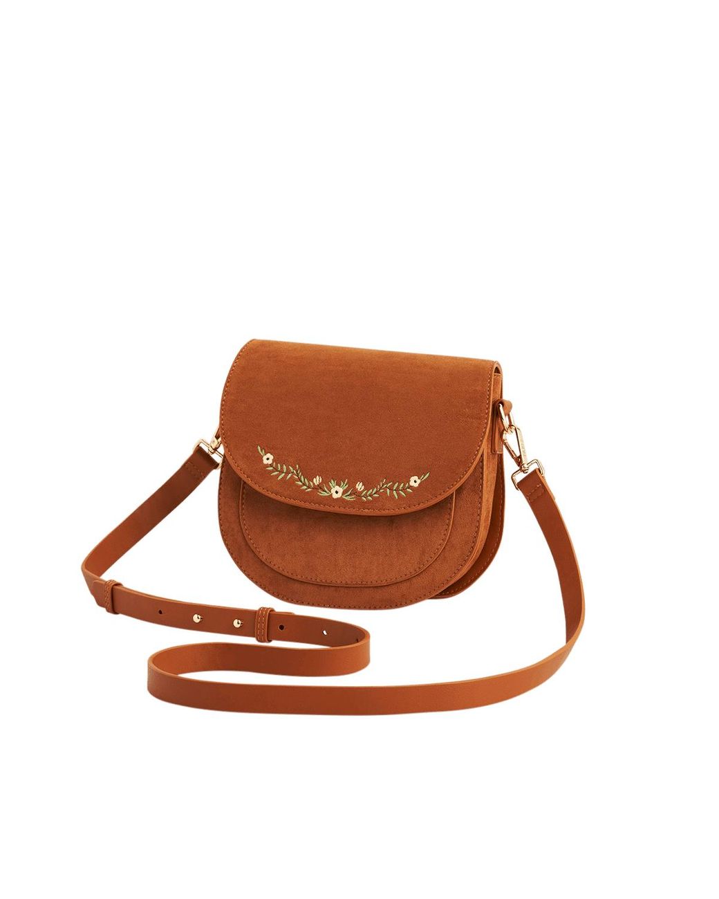 Fable England Brown Tan Floral Faux Suede Embroidered Saddle Bag