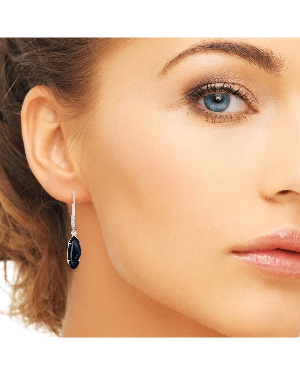 Artisan Blue Geode Gemstone Dangle Earrings Diamond White Gold Jewelry