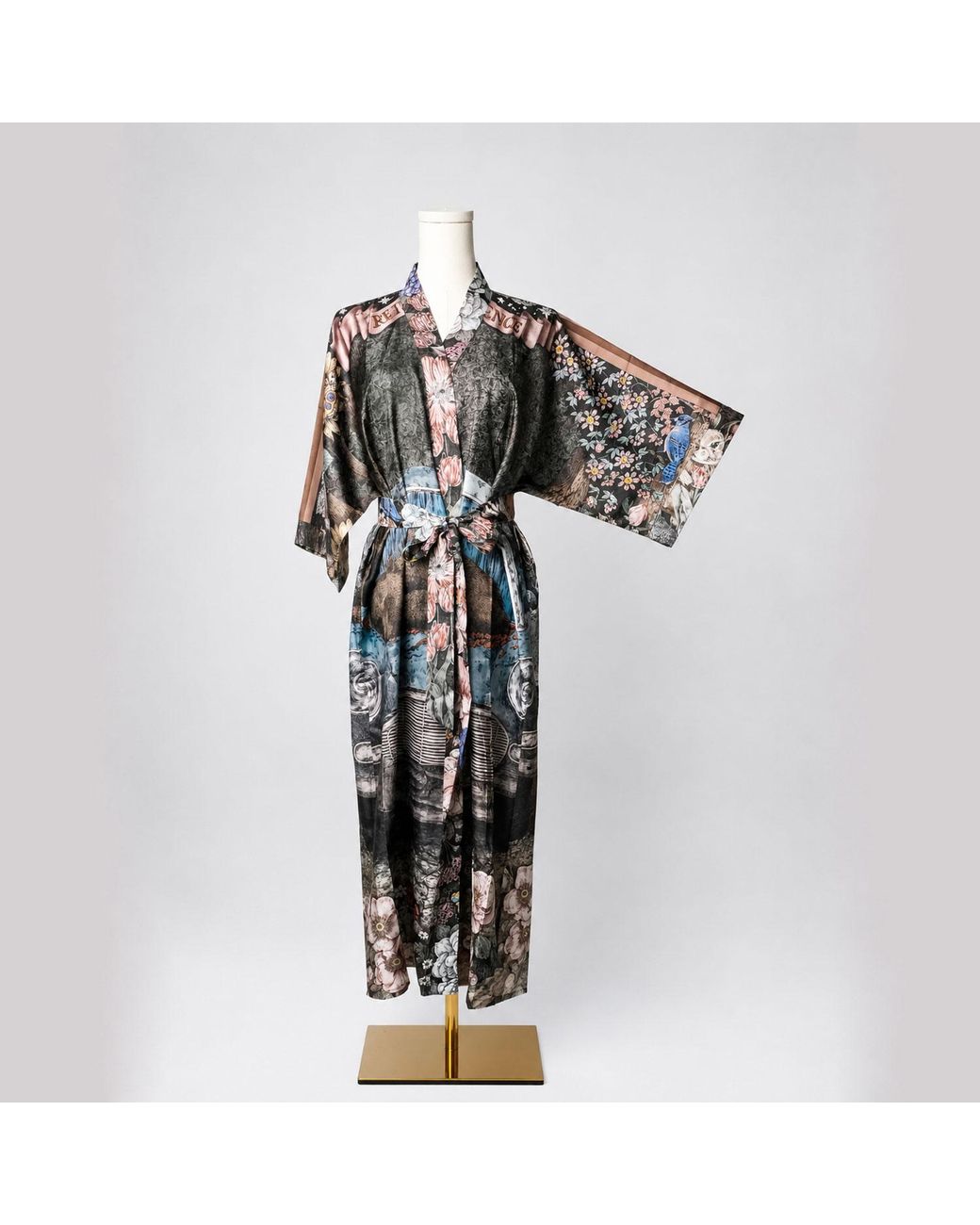 Wenzi Purple Return To Silence Double Sided Mulberry Silk Kimono Robe Reversible Luxury Floral Bear Bird Print Long Robe