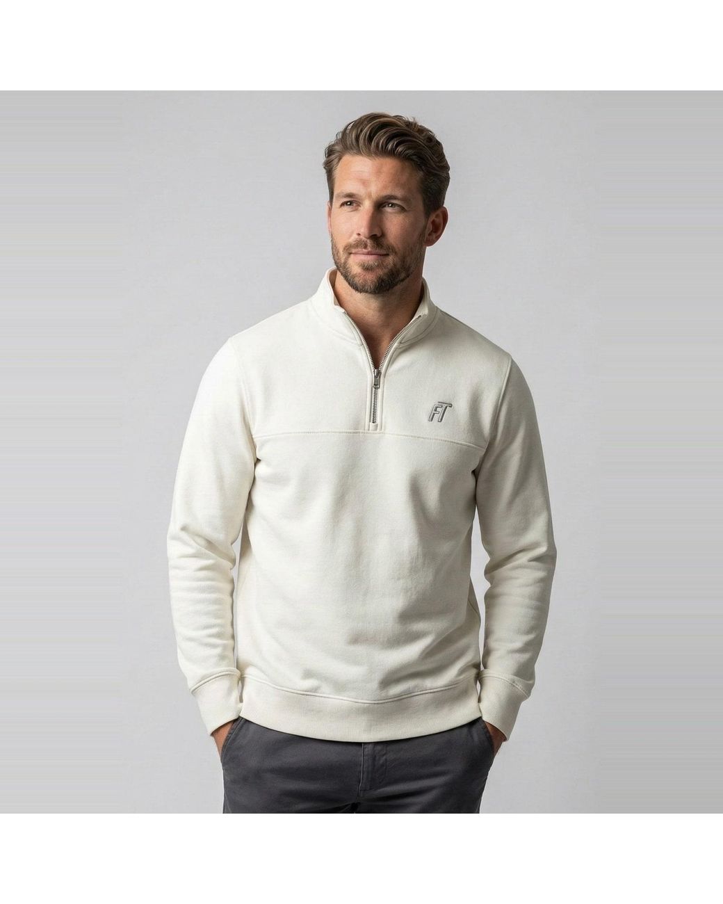 Foster Taylor White Sweat Qtr Zip Mock Neck for men