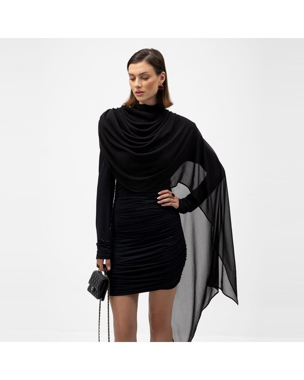 Mandragora Black Mini Dress With Ruched Skirt And Scarf Roa