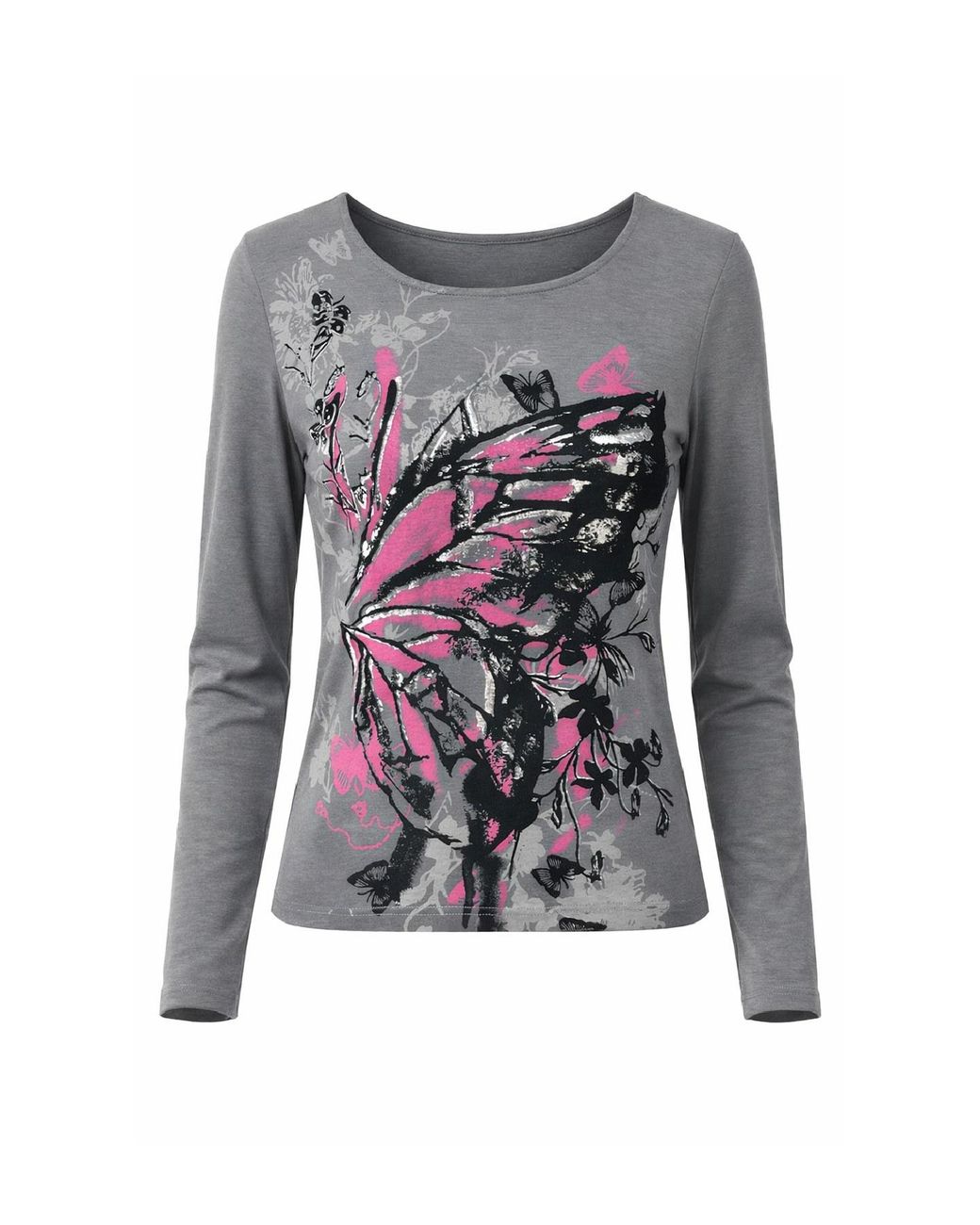 Conquista White Artistic Butterfly Print Long-Sleeve Top