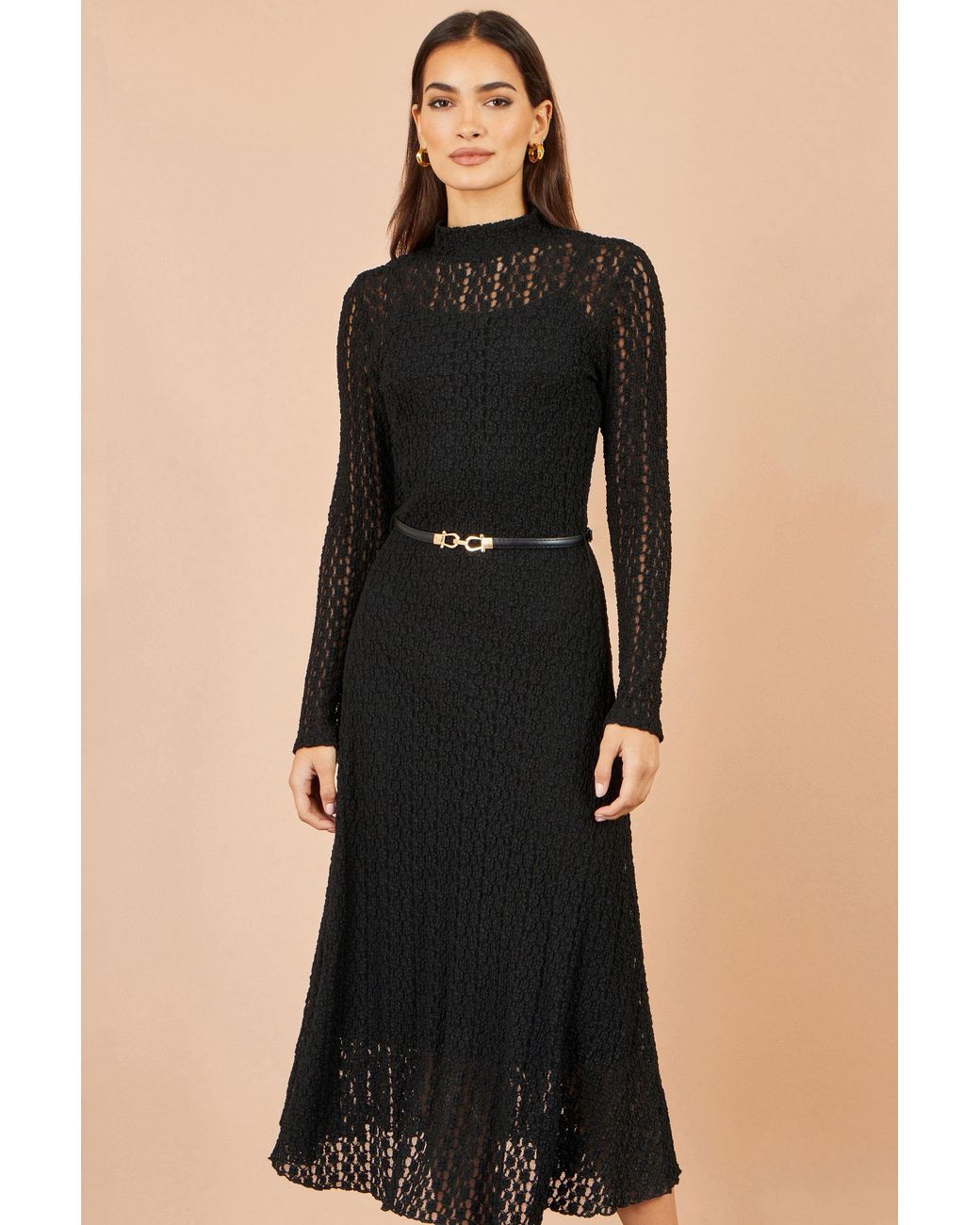 Yumi' Black High Neck Lace Midi Dress