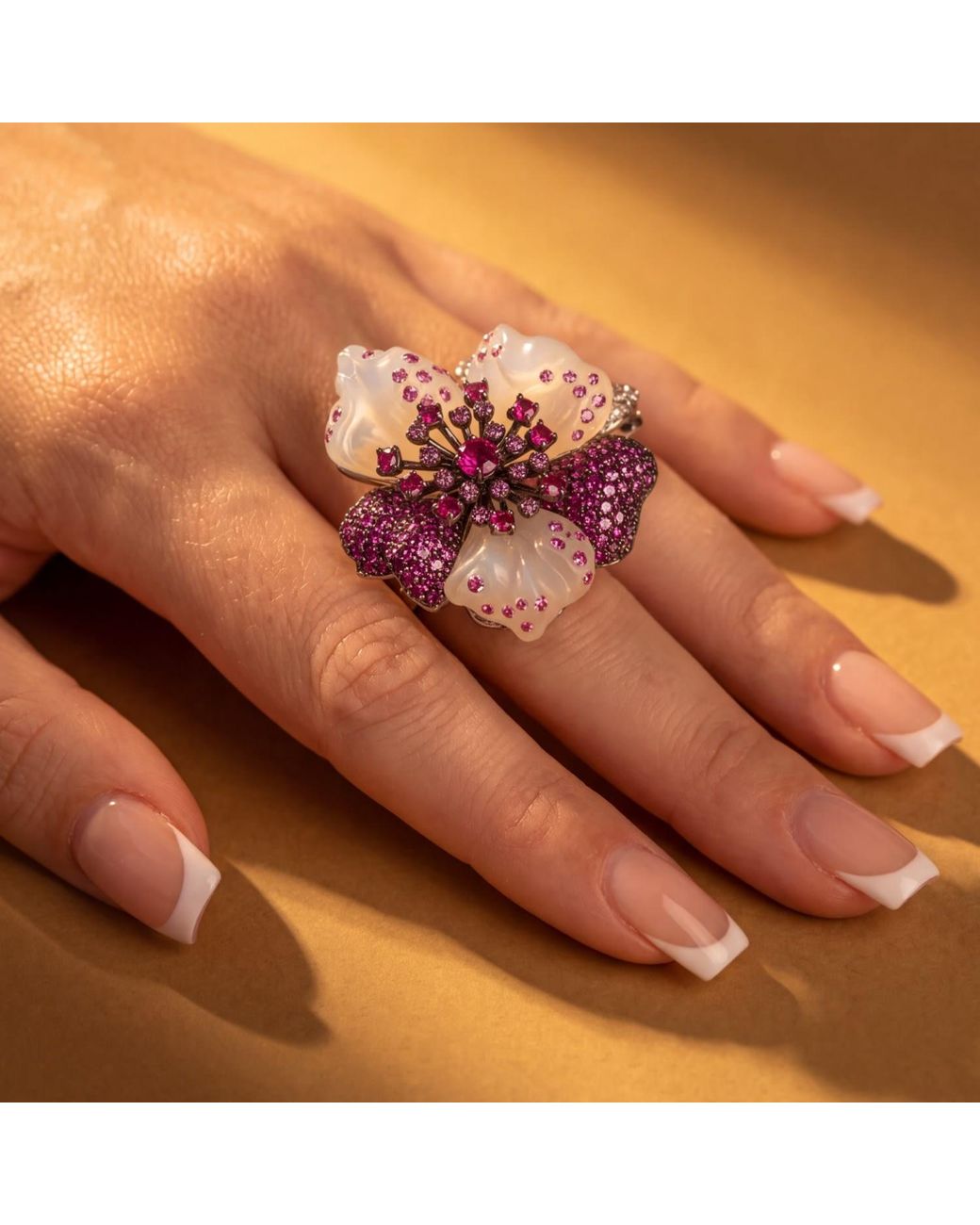 Latelita London Pink Jade Ruby Rose Flower Cocktail Ring