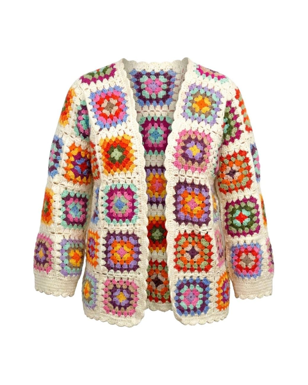 Ana Chic Red Multicolour Granny Square Handmade Crochet Cardigan