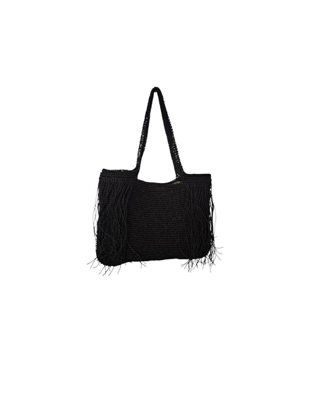 Springmoonatelier Black Handmade Raffia Tassel Tote Bag – Large Size Everyday And Beach Shoulder Bag
