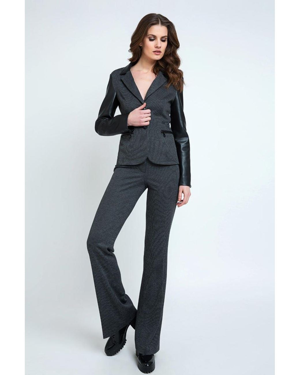 Conquista Gray Mid Rise Straight Striped Trousers