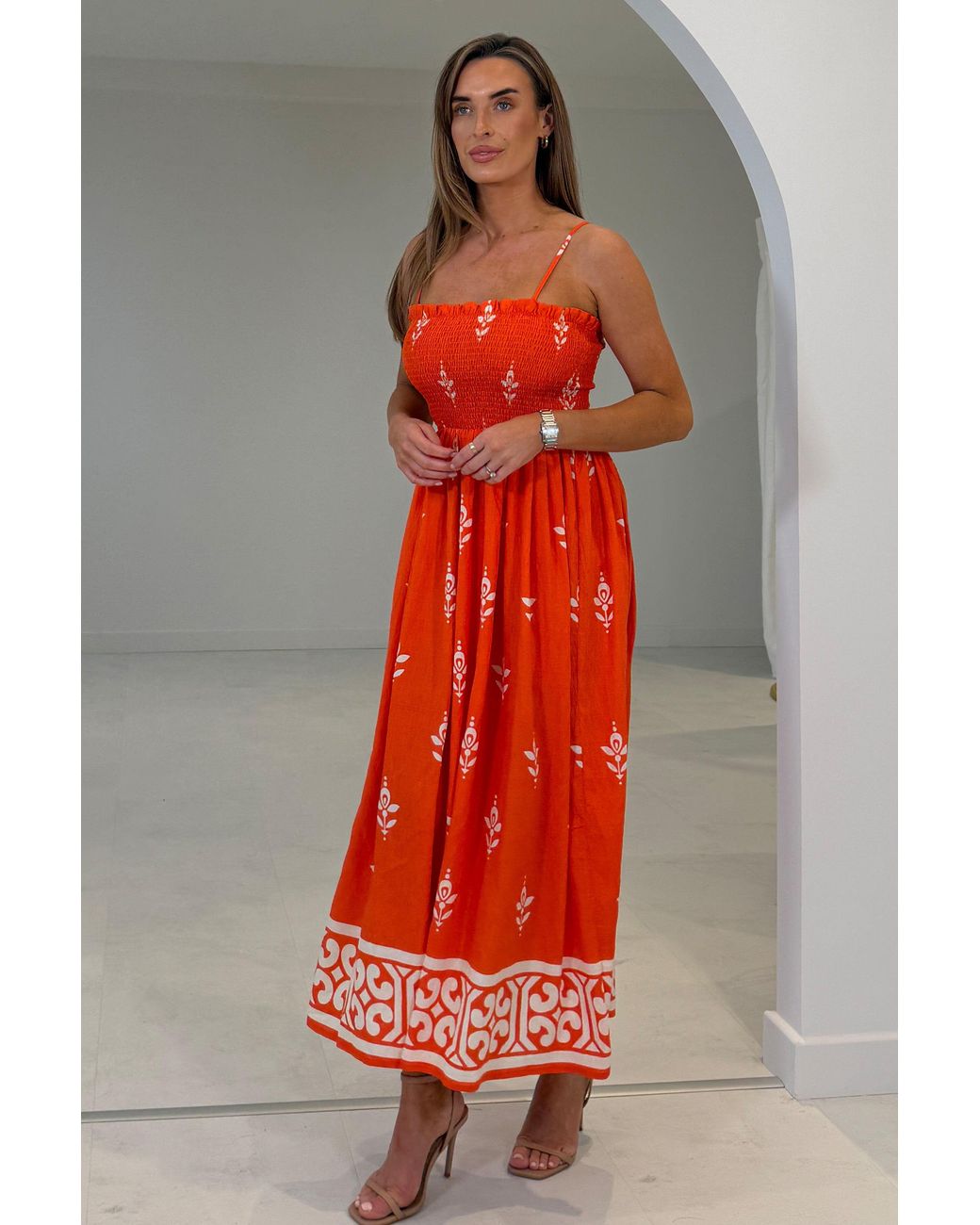 Girl In Mind Orange Abby Border Print Maxi Dress