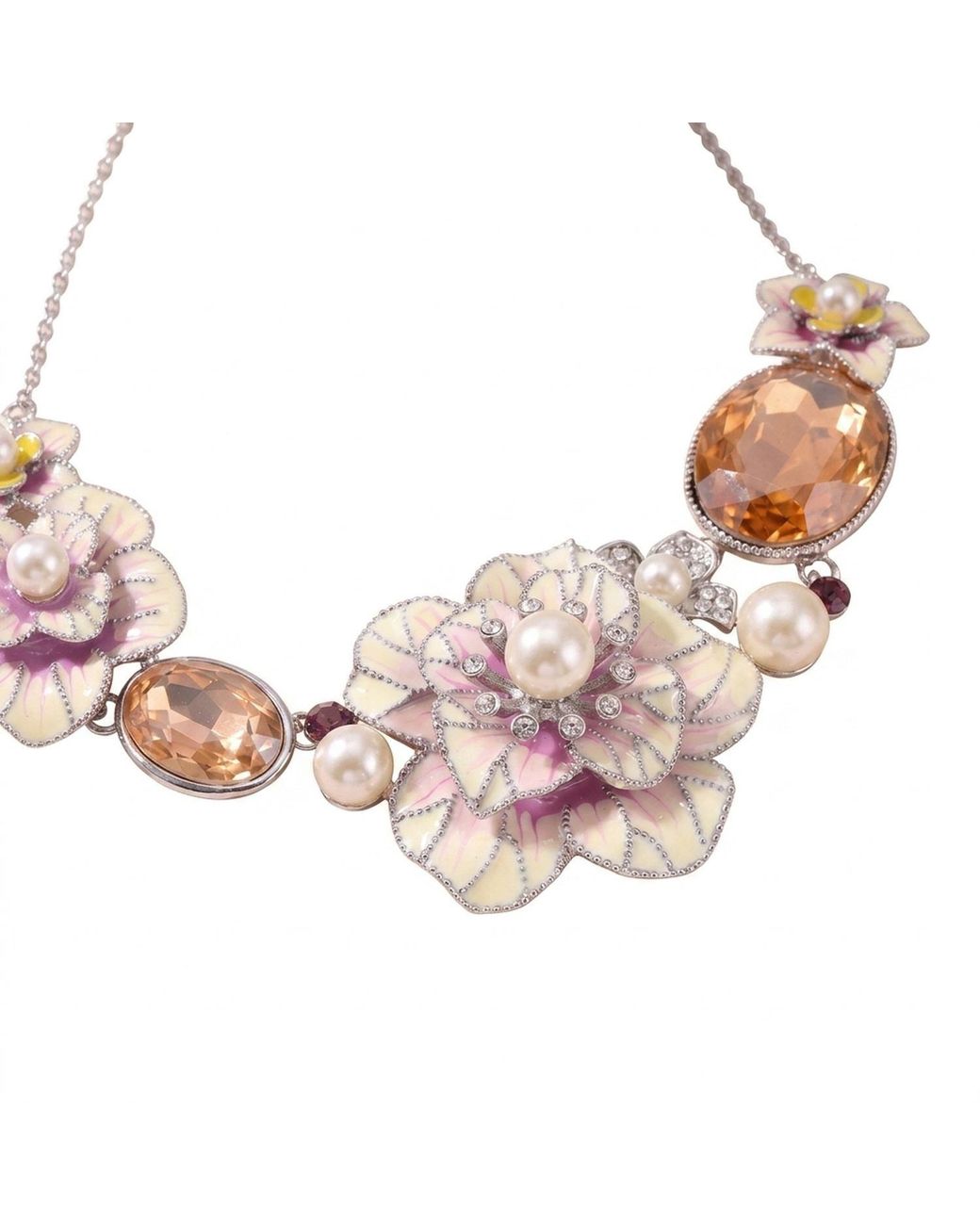 Modenaire Pink Floral Pearl Statement Necklace Earrings Set