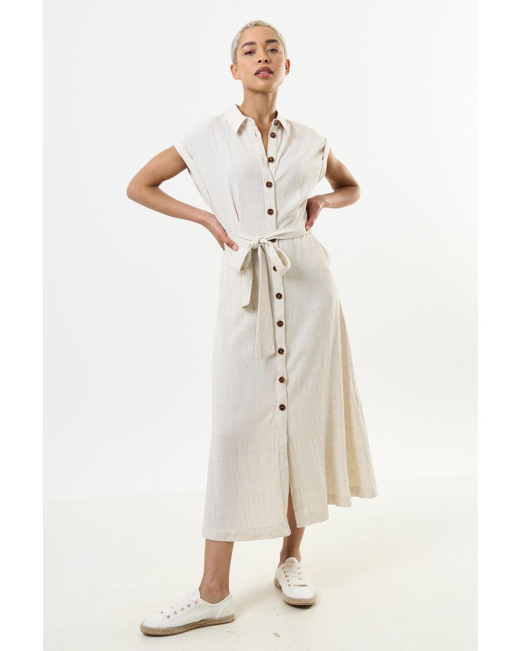 Louche Reese Linen Mix Button Through Midi Shirt Dress in White | Lyst