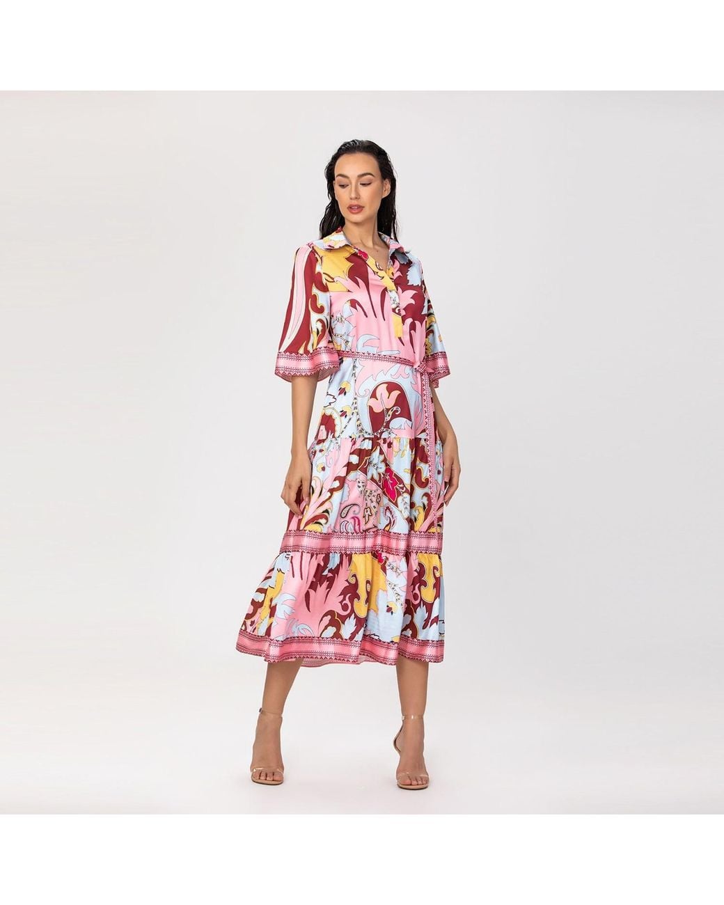 Smart and Joy Blue Midi Shirt Dress With Artistic Print And Tied Belt