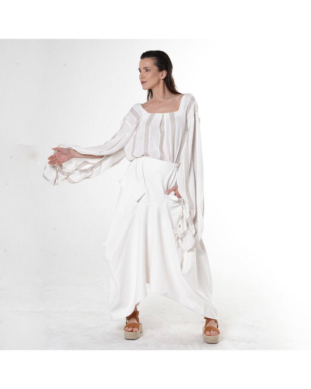 Metamorph White Neutrals Striped Top With Oversize Sleeves