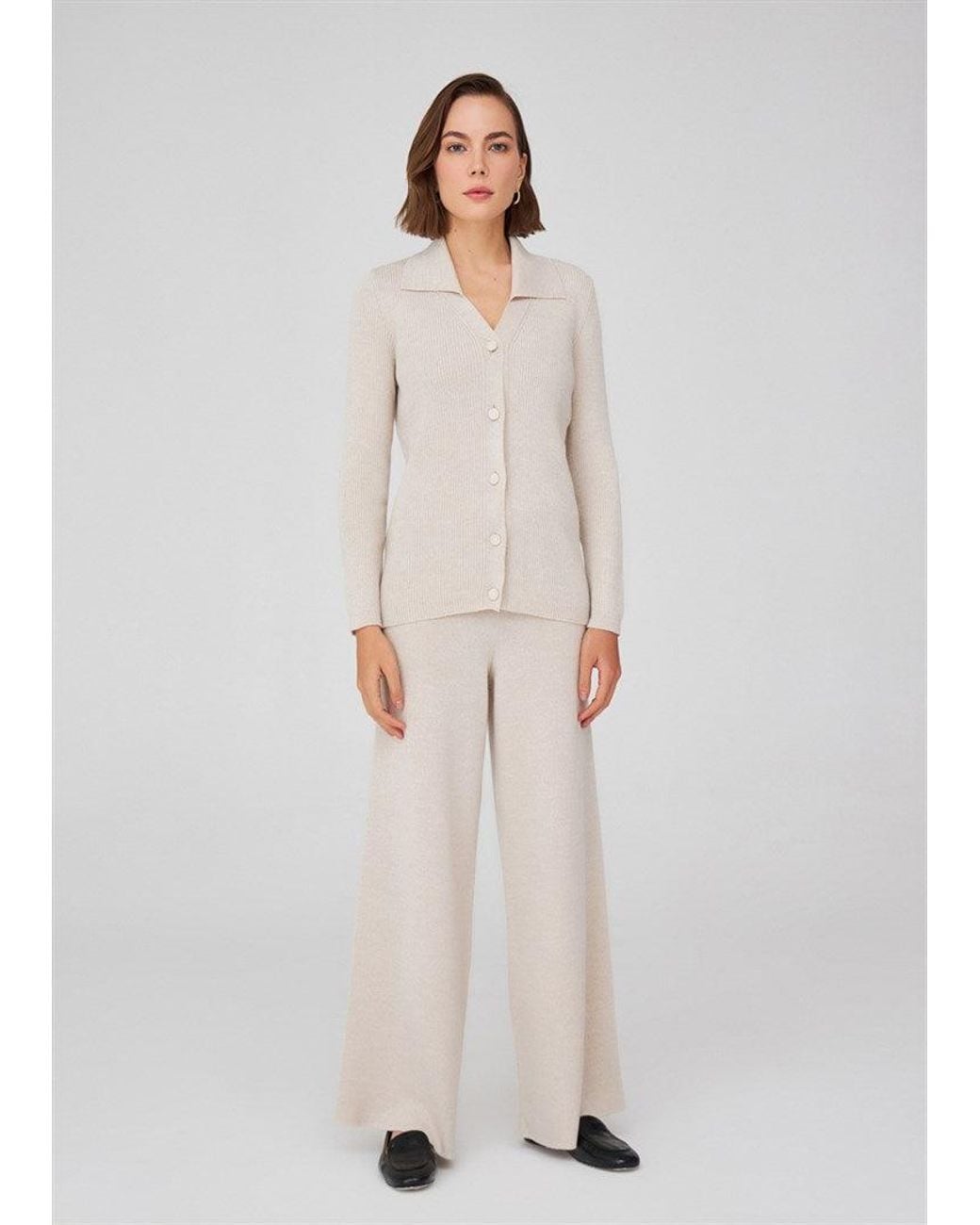Peraluna Natural Neutrals Polo V-Neck Ribbed Knit Cardigan