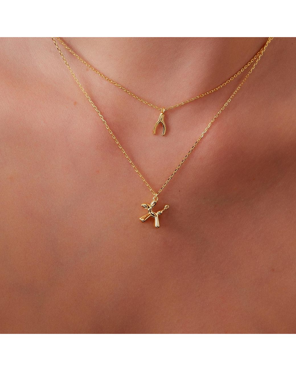 Spero London White Balloon Dog Poodle & Wishbone Necklace Layering Set