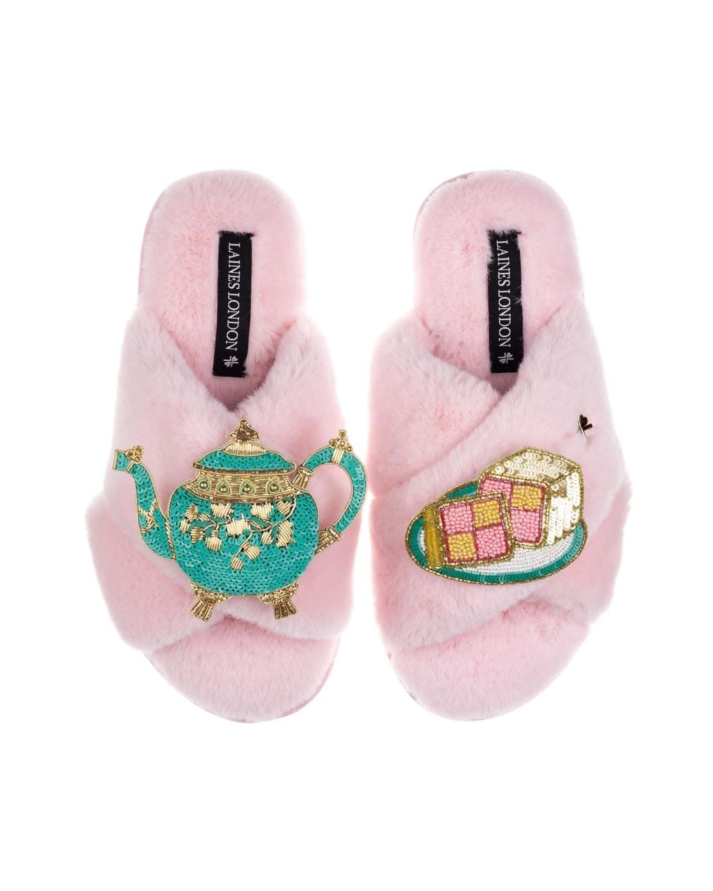 Laines London Pink Laines X Juliet Slippers With Tea & Battenberg Cake Brooches