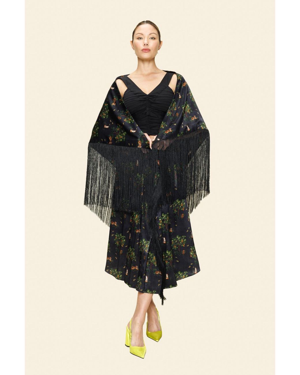 Ashaki Black The Shanti Tiger Fringe Triangle Scarf